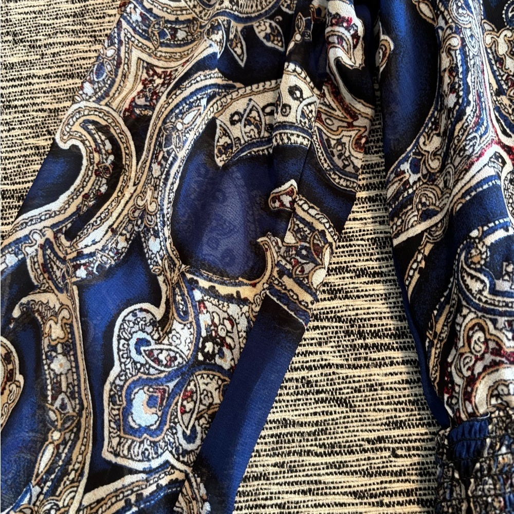 WHBM Blue‎ Paisley Elastic Waist Mini Dress 14 Floral Chiffon Lined - Picture 4 of 9